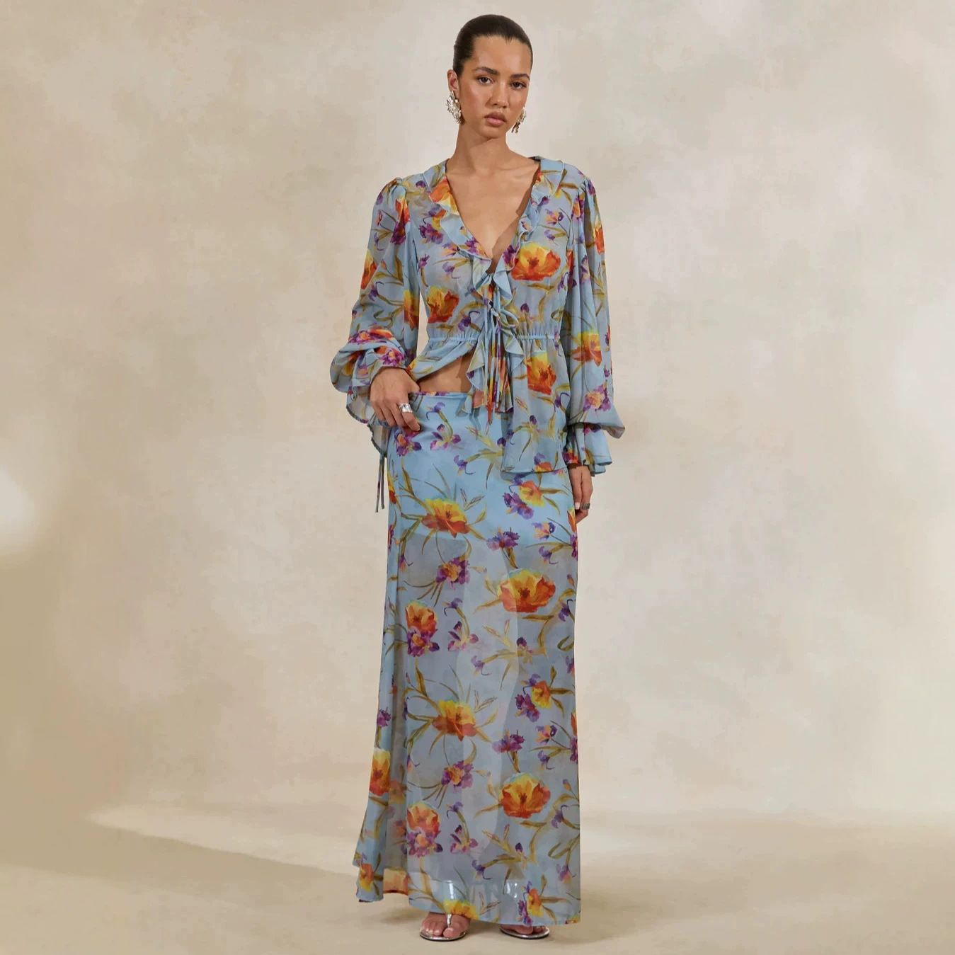 V-Neck Floral Print Long-Sleeve Top and High-Waist Skirt Two-Piece Set