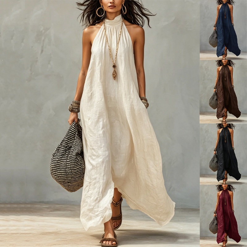 Women's Halter Neck Backless Pleated Boho Maxi Dress