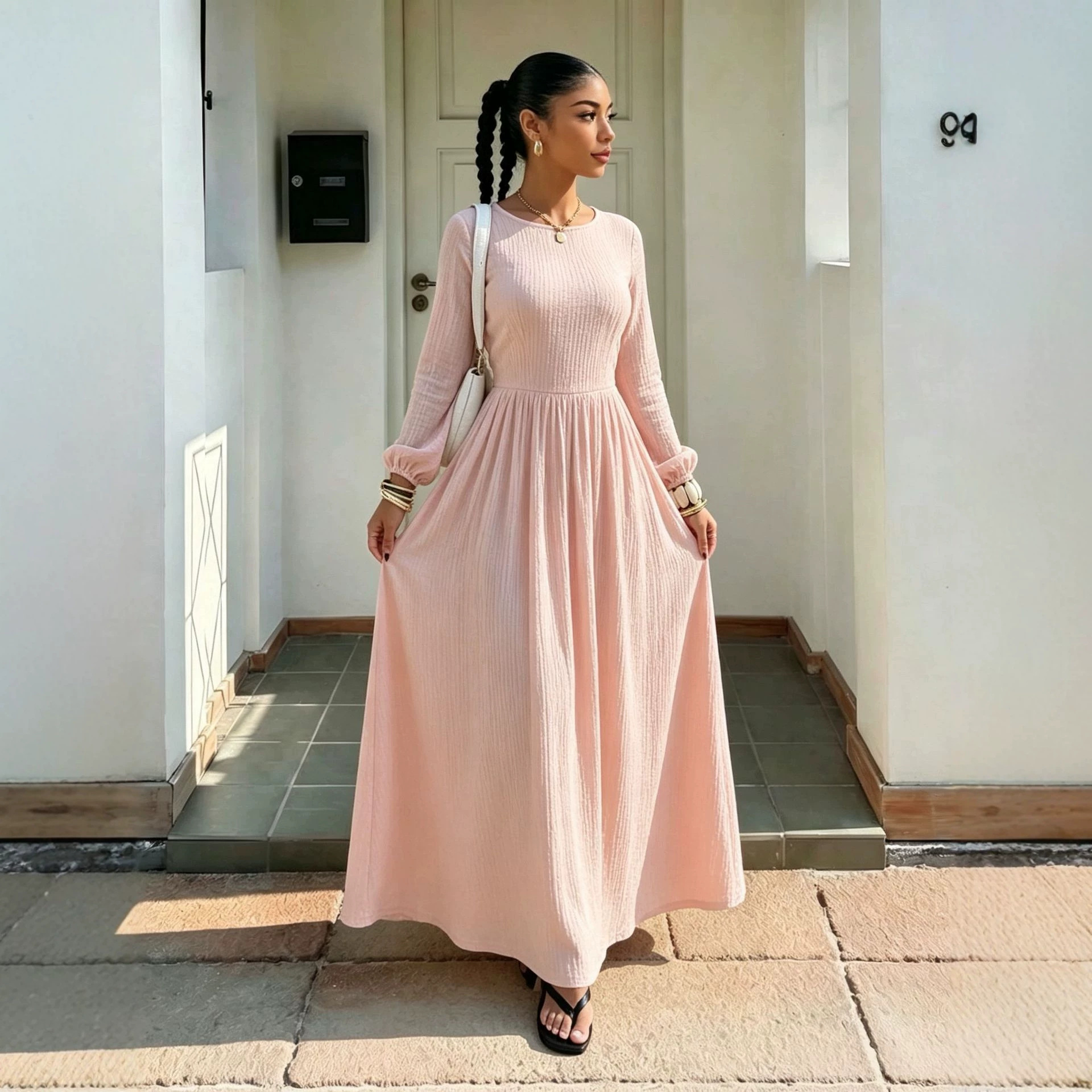 French-Style Fitted A-Line Long-Sleeve Dress with Round Neck and Cinched Waist