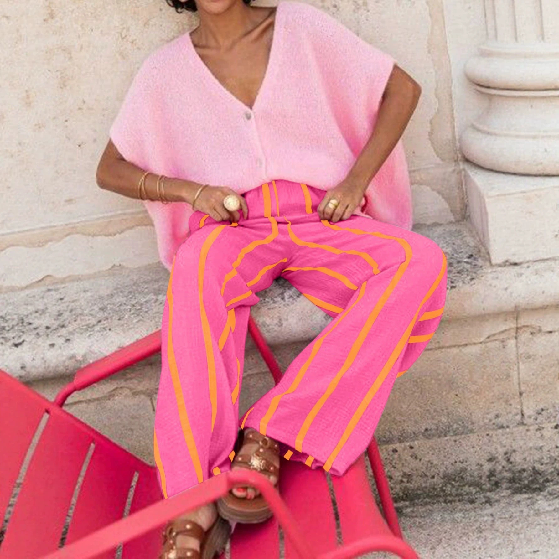 Women's Striped Print Wide-Leg Pants with Side Pockets Casual Comfortable