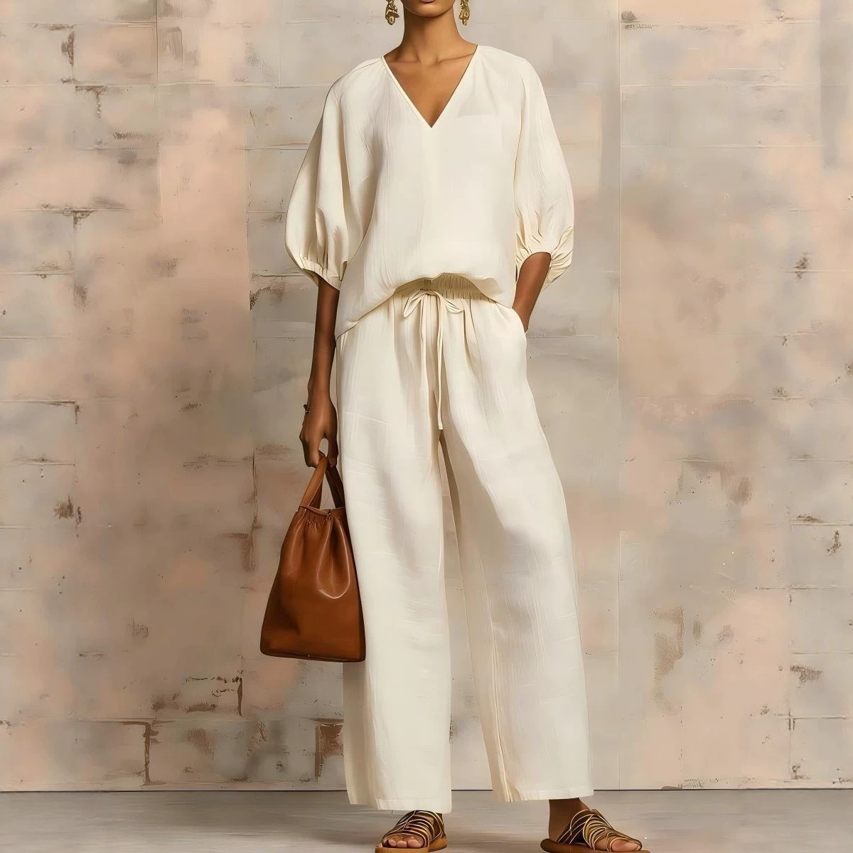Women's Minimalist V-Neck Two-Piece Set Solid Color Loose Casual