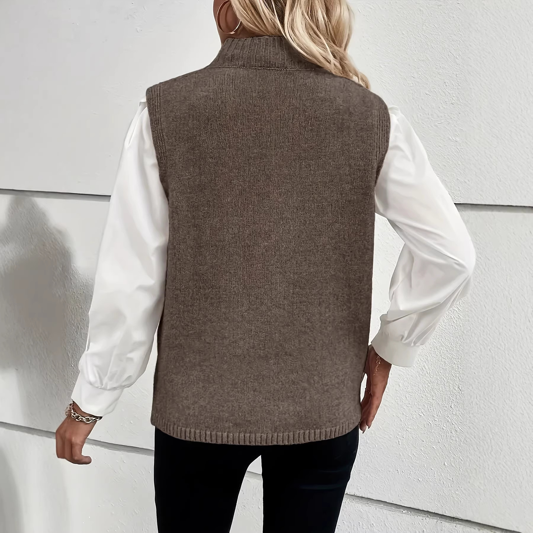Women's Soft Knit Solid High Neck Sleeveless Asymmetric Wrap Sweater Vest