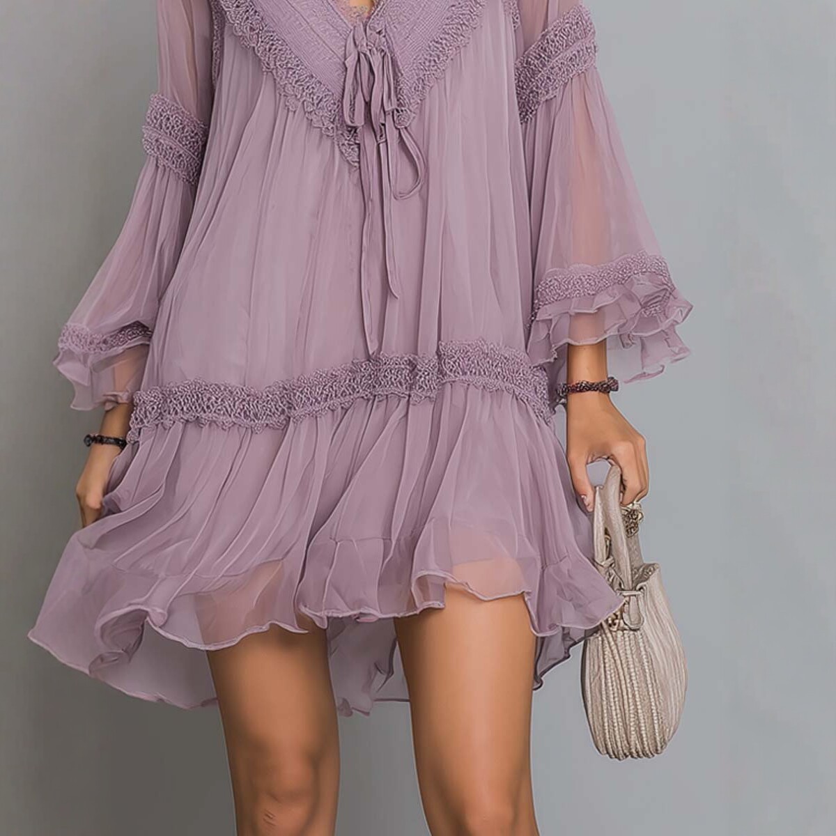 Purple Tie-Front Ruffle Chiffon Dress
