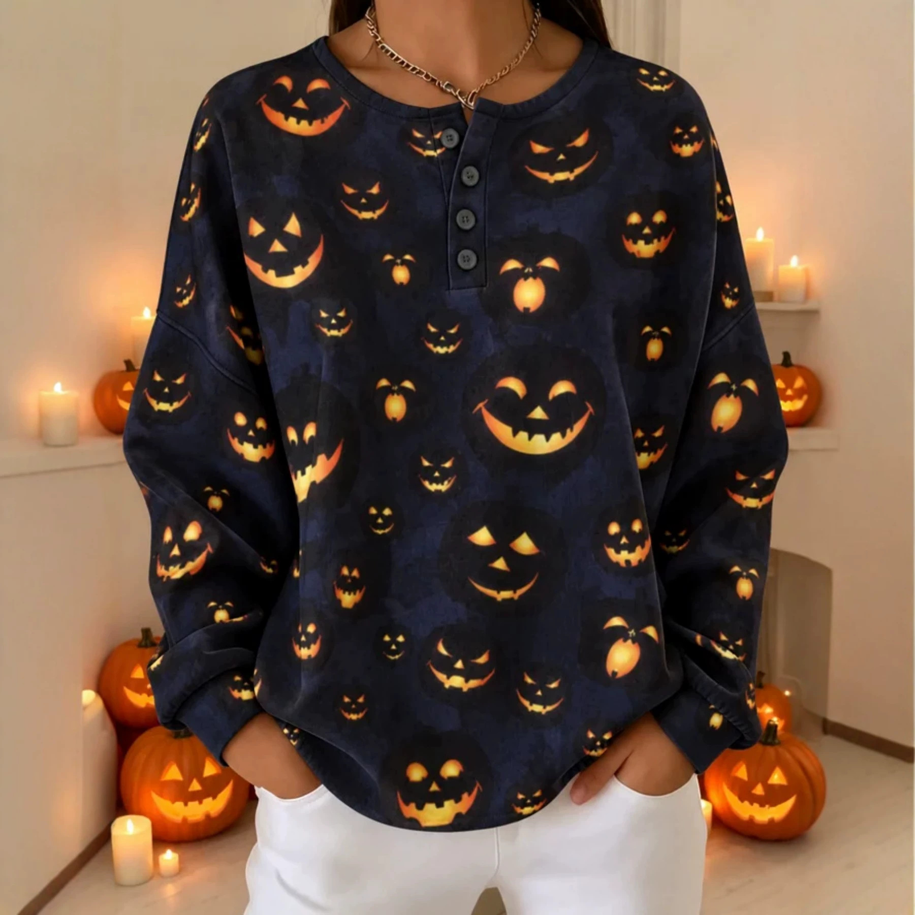 Women's Retro Pumpkin Smiley Print Button Sweatshirt