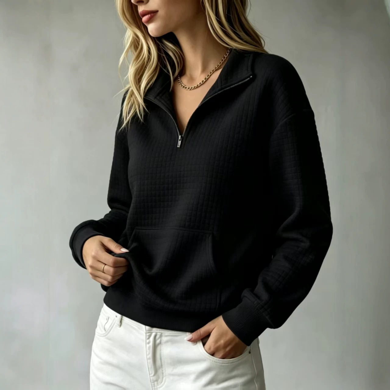 Women's Loose Kangaroo Pocket Solid Color Stand Collar Zip-Up Long Sleeve Sweatshirt