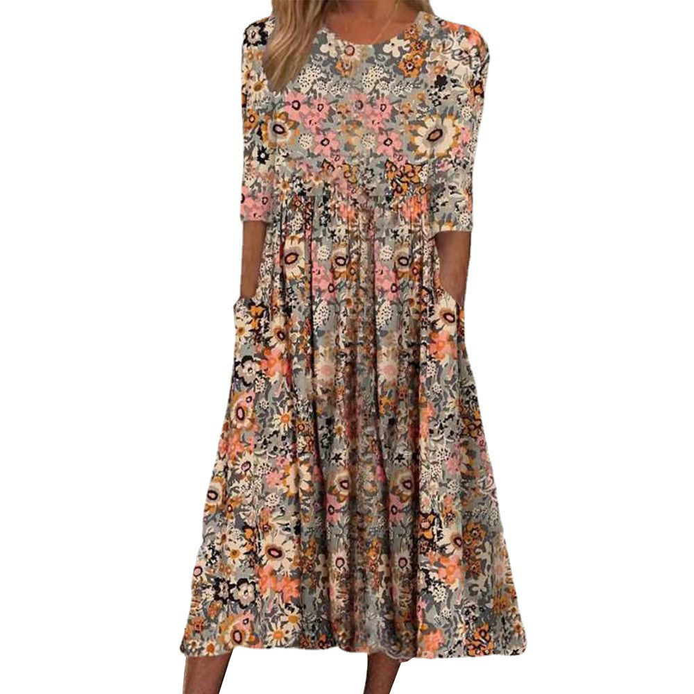 Floral Print Round Neck Half Sleeve Loose Midi Dress with Pockets
