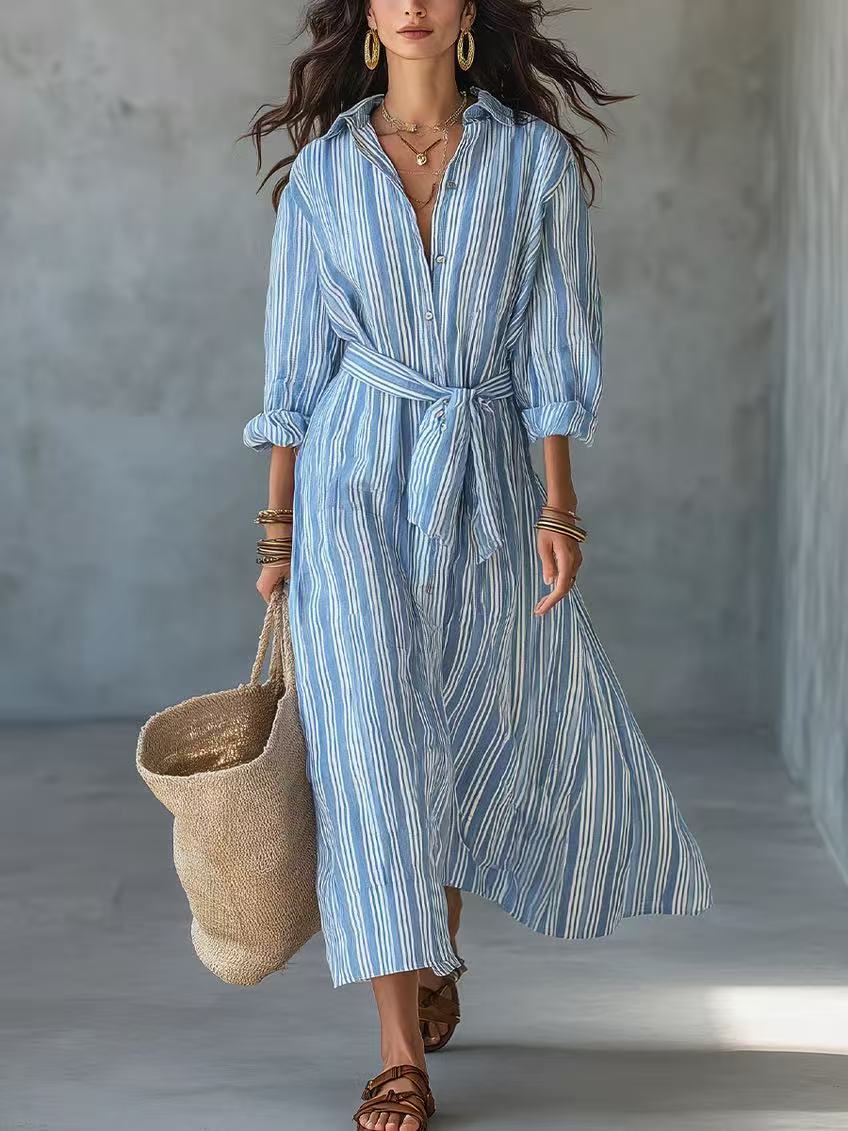 Striped Collared Tie-Waist Long Shirt Dress