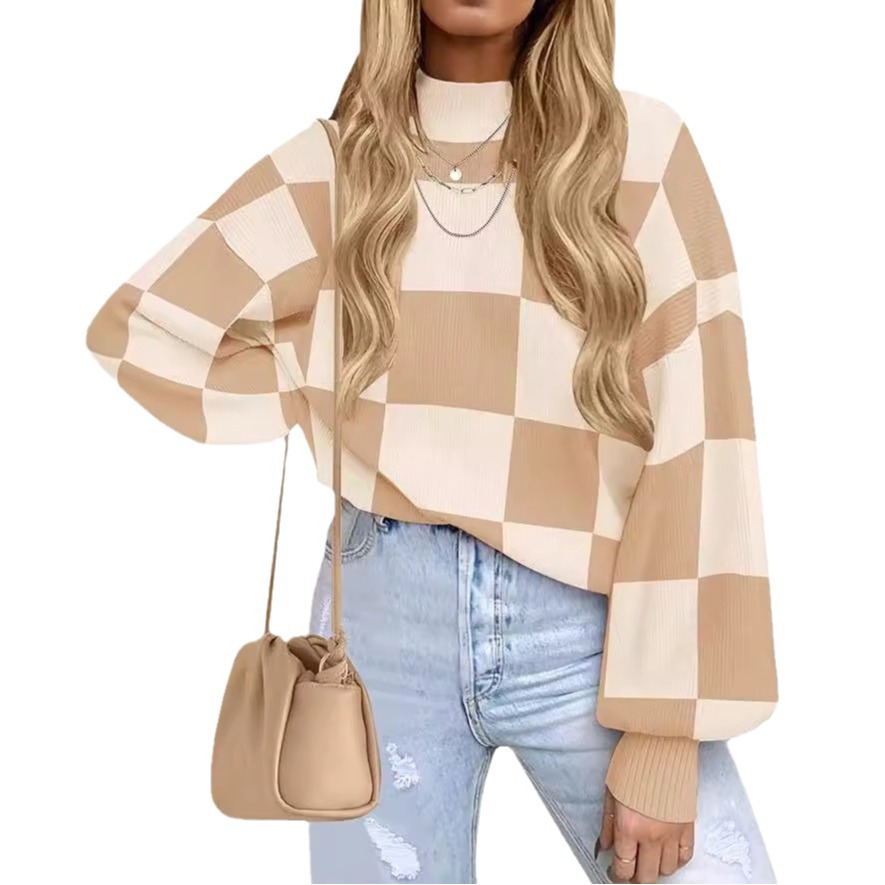 Women's Striped Ribbed Knit Turtleneck Long Sleeve Loose Pullover Sweater