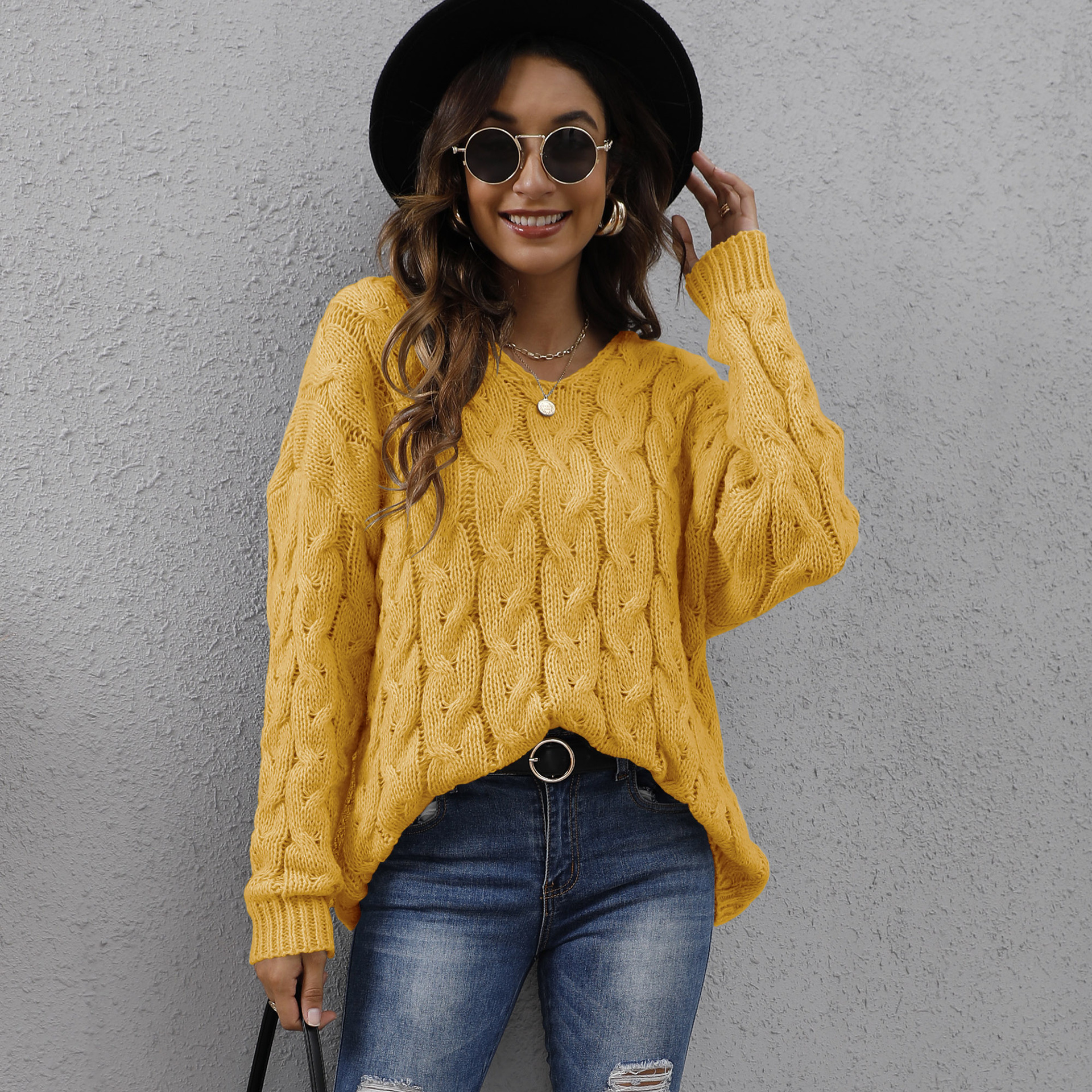 Women's Chunky Cable Knit V-Neck Hooded Pullover Sweater