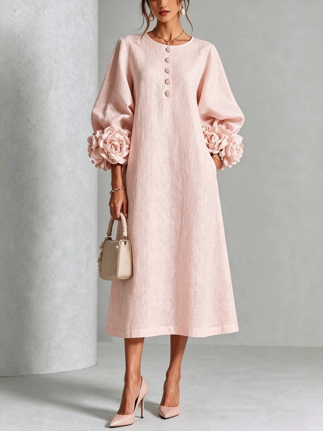 Women's Loose Round Neck Lantern Sleeve Floral Midi Dress