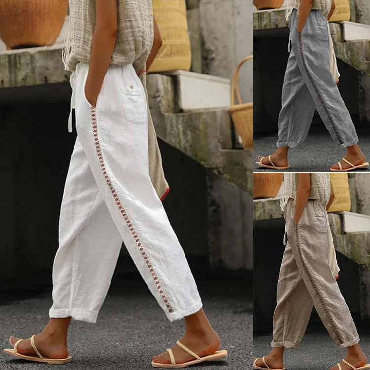 Women's Cropped Pants with Hollow-Out Splicing Casual Straight-Leg High Waist