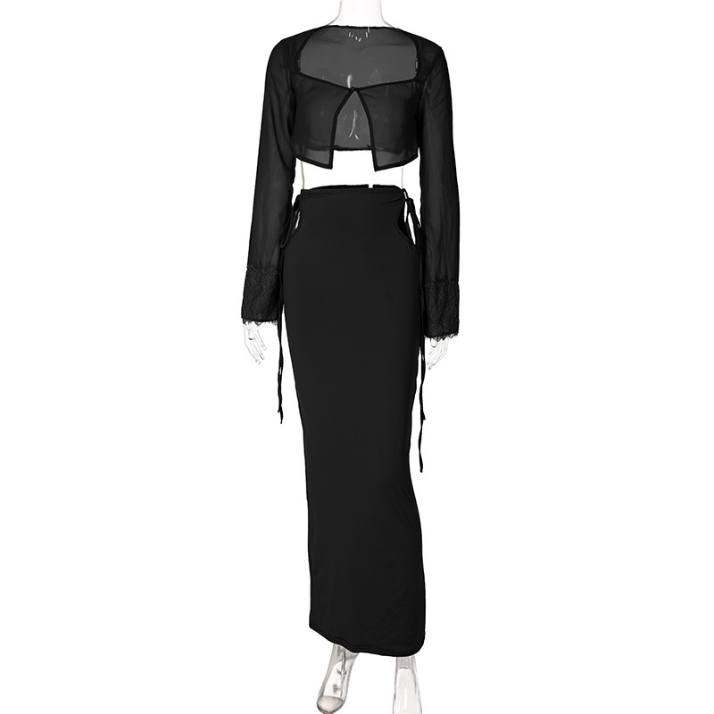 Women's Long Sleeve Openwork Lace-Up Top and Long Skirt Set