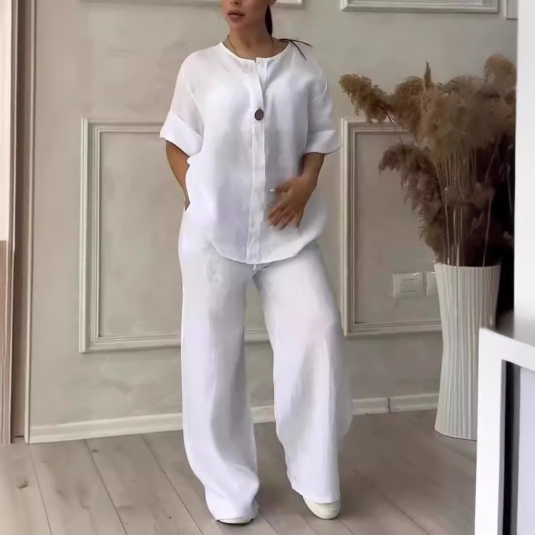 Women's Cotton-Linen Loose Top & Wide-Leg Pants Casual Set
