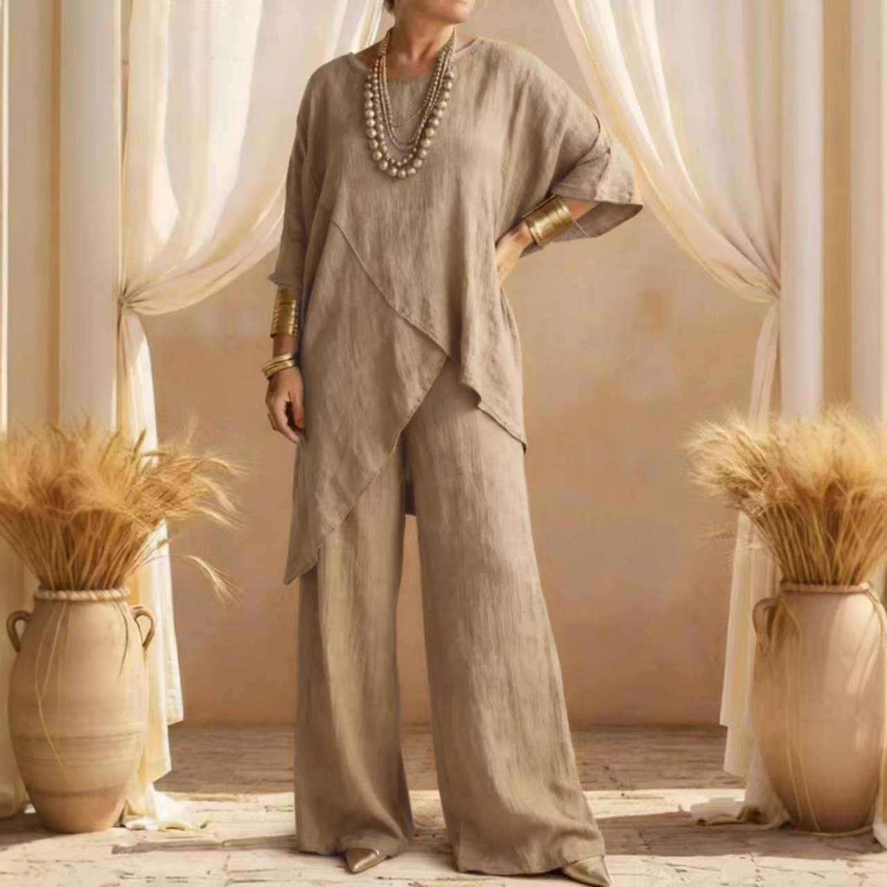 Women's Casual Solid Color Short Sleeve Cotton Linen Two-Piece Set