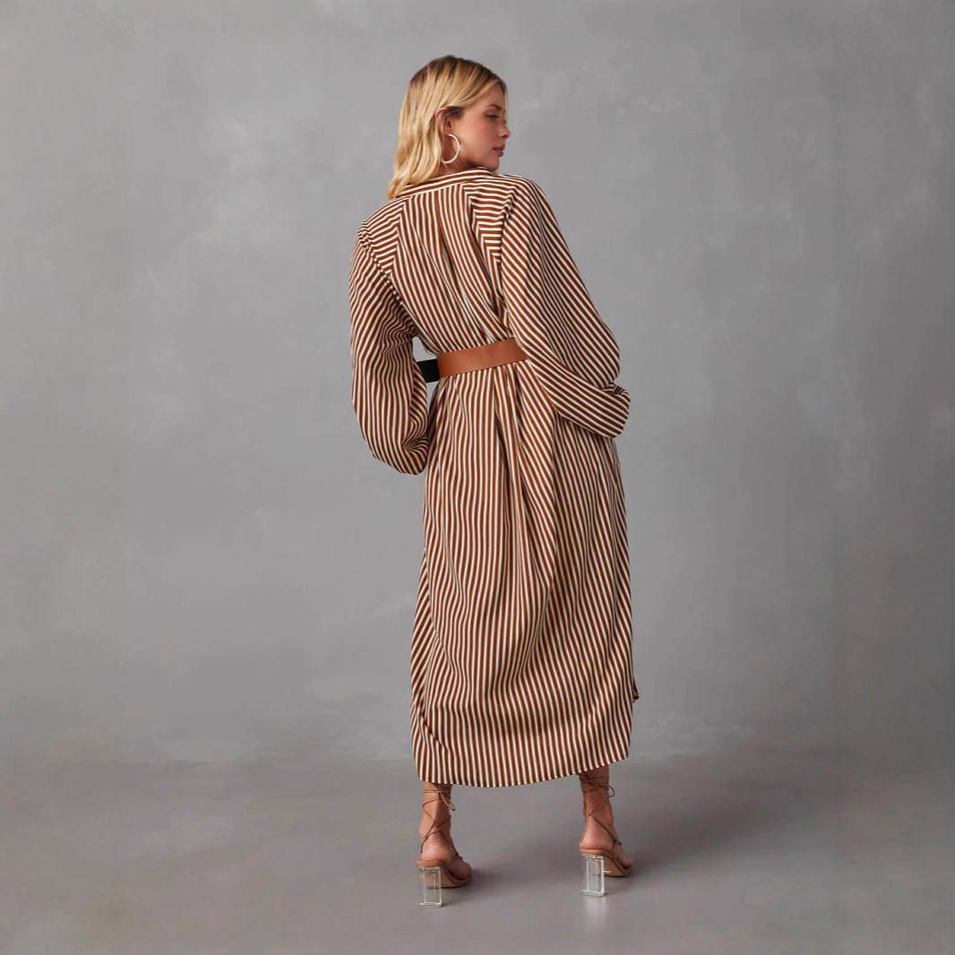 Striped Belted Long Sleeve V-Neck Midi Dress