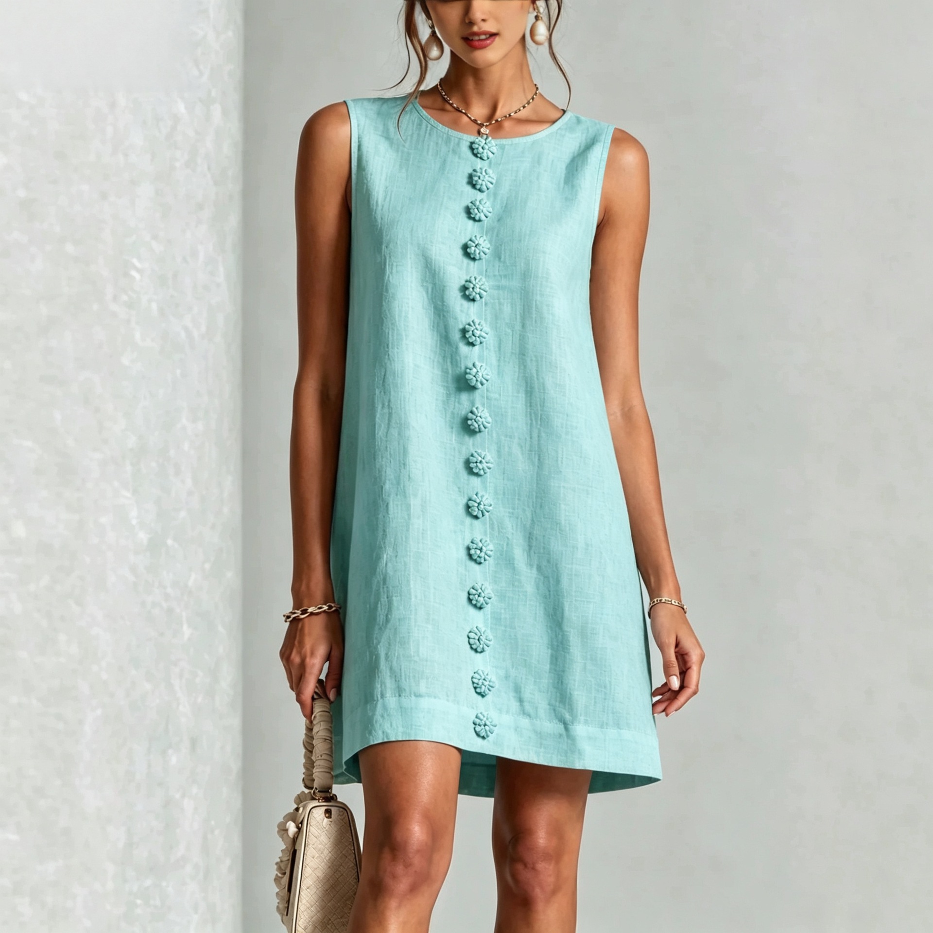 Women's Sleeveless A-Line Mini Dress Solid Crew Neck Casual