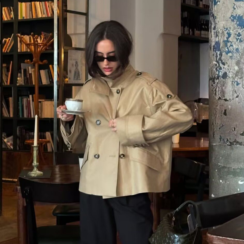 Women's Two-Tone Commuter Trench Coat with Lapel Collar