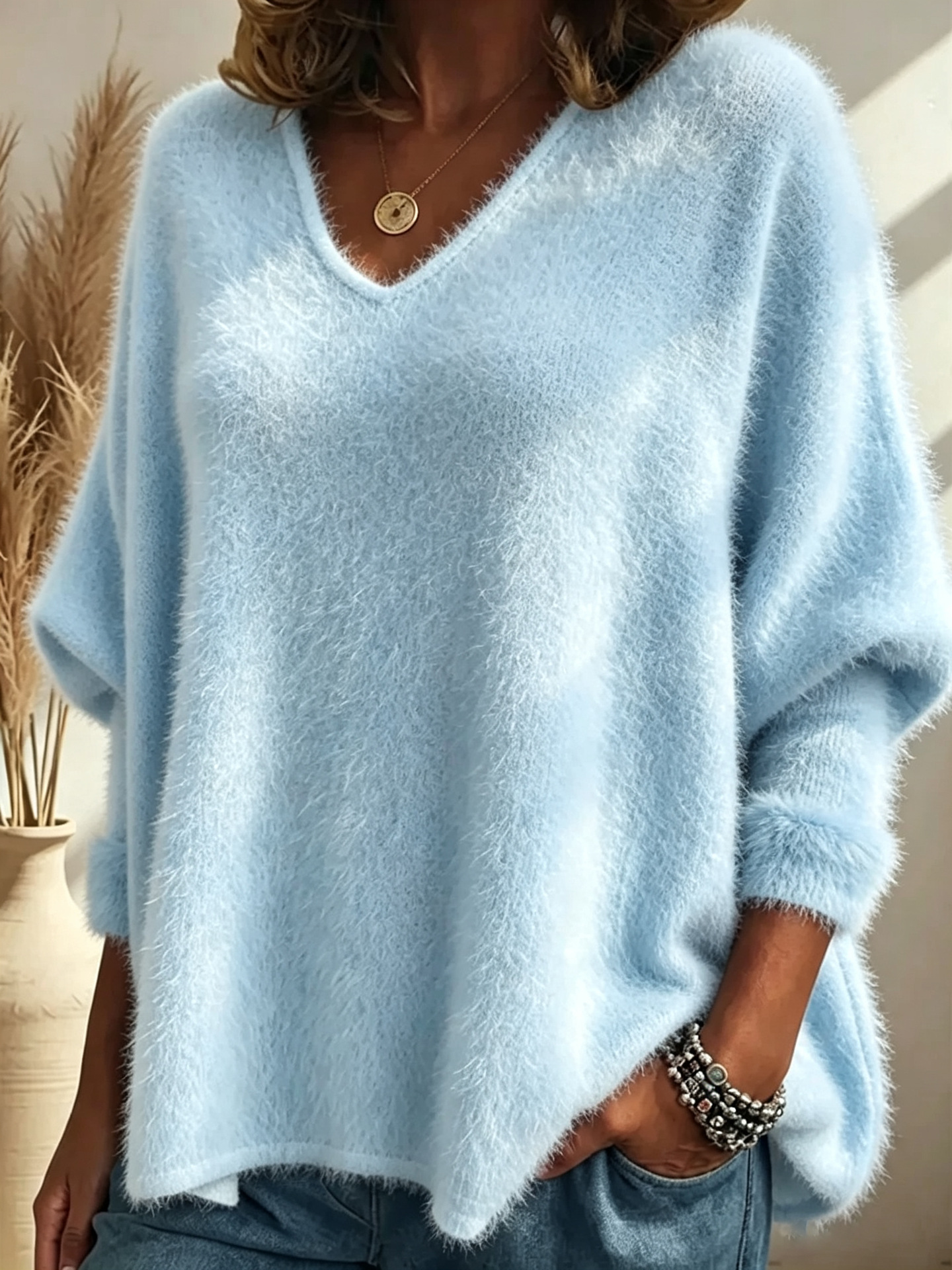 Women's Solid V-Neck Pullover Knit Sweater Top