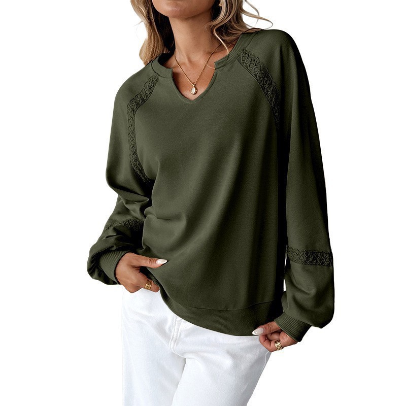 Solid Half-Open Collar Lace Trim Loose Long-Sleeve Sweatshirt
