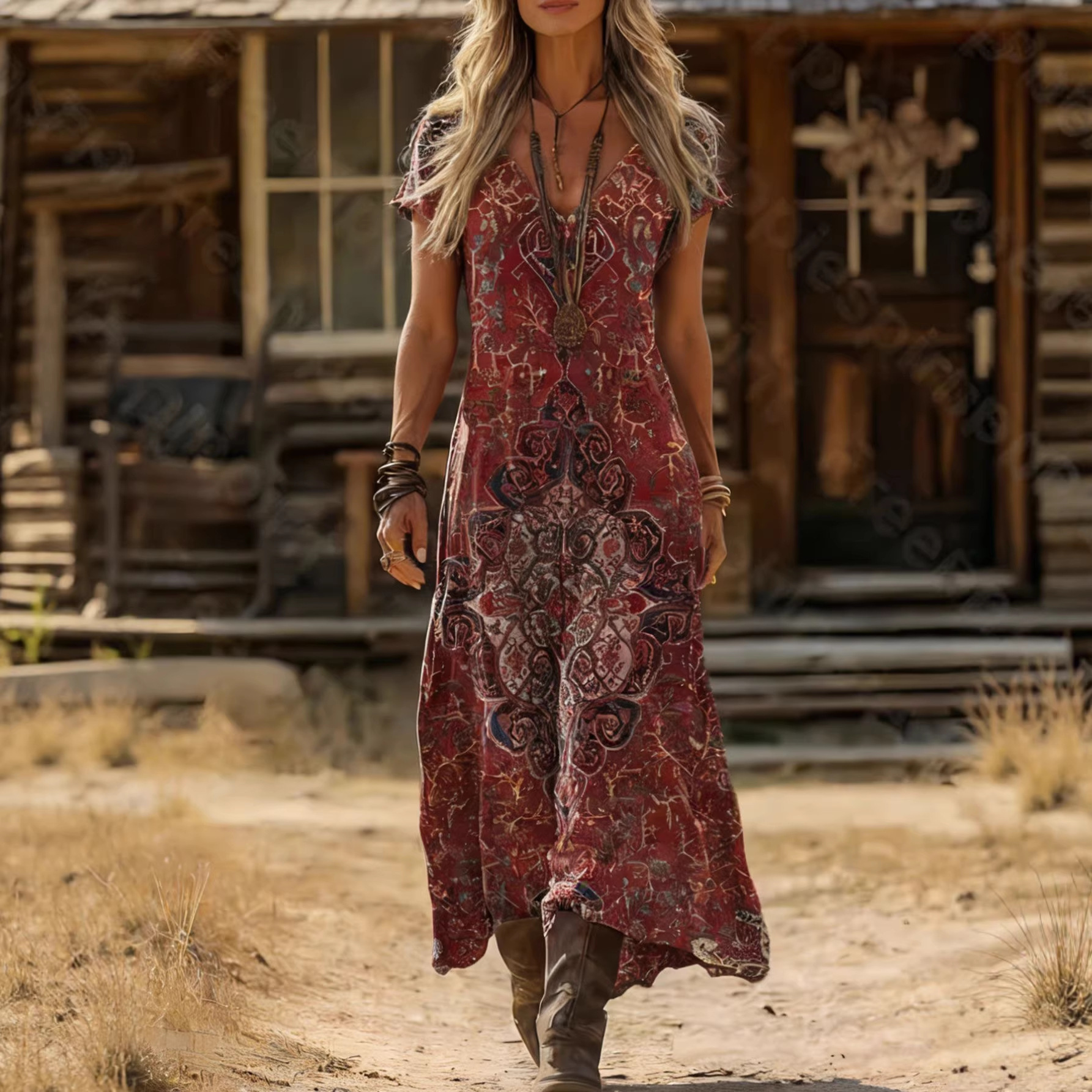 Boho Print V-Neck Short Sleeve A-Line Midi Dress