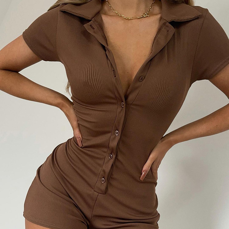 Women's Ribbed Knit Short Sleeve Romper with Collar
