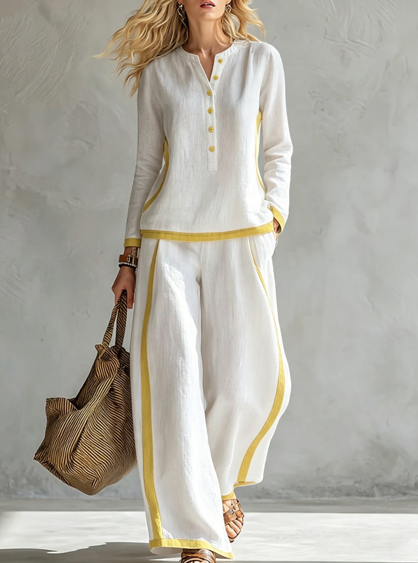 Women's Color-Block Cotton-Linen Two-Piece Set Button-Front Stand Collar Long Sleeve Top & Side-Striped