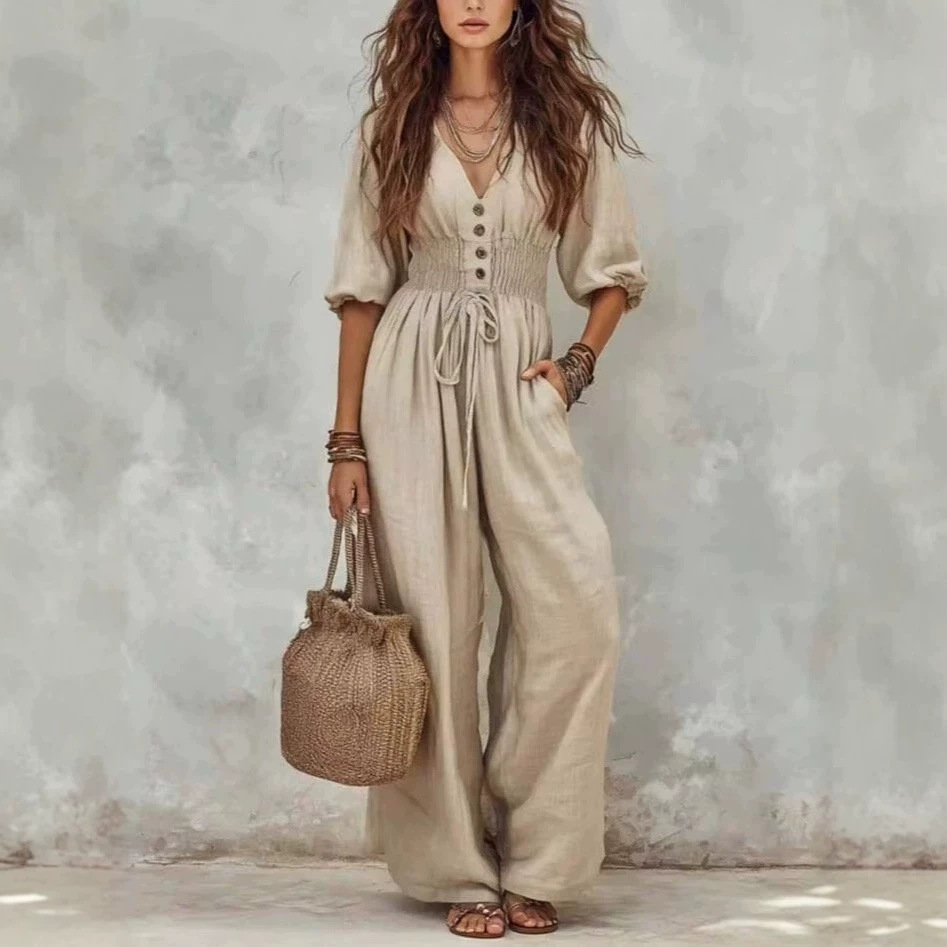 Lantern Sleeve Drawstring Waist Wide Leg V-Neck Jumpsuit