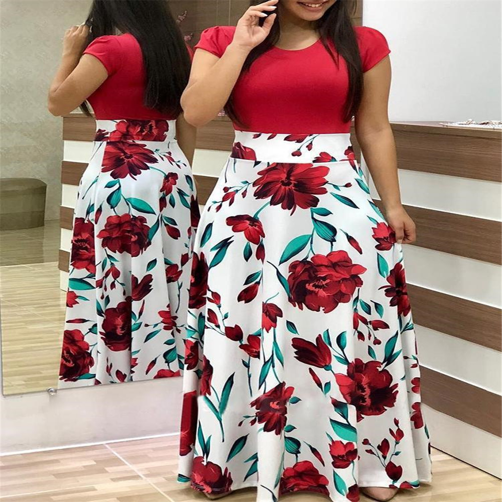 Floral Print Colorblock Short Sleeve Plus Size Dress