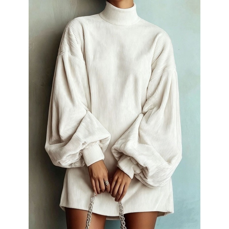 Women's Loose Lantern Sleeve A-Line Dress Corduroy Solid Color
