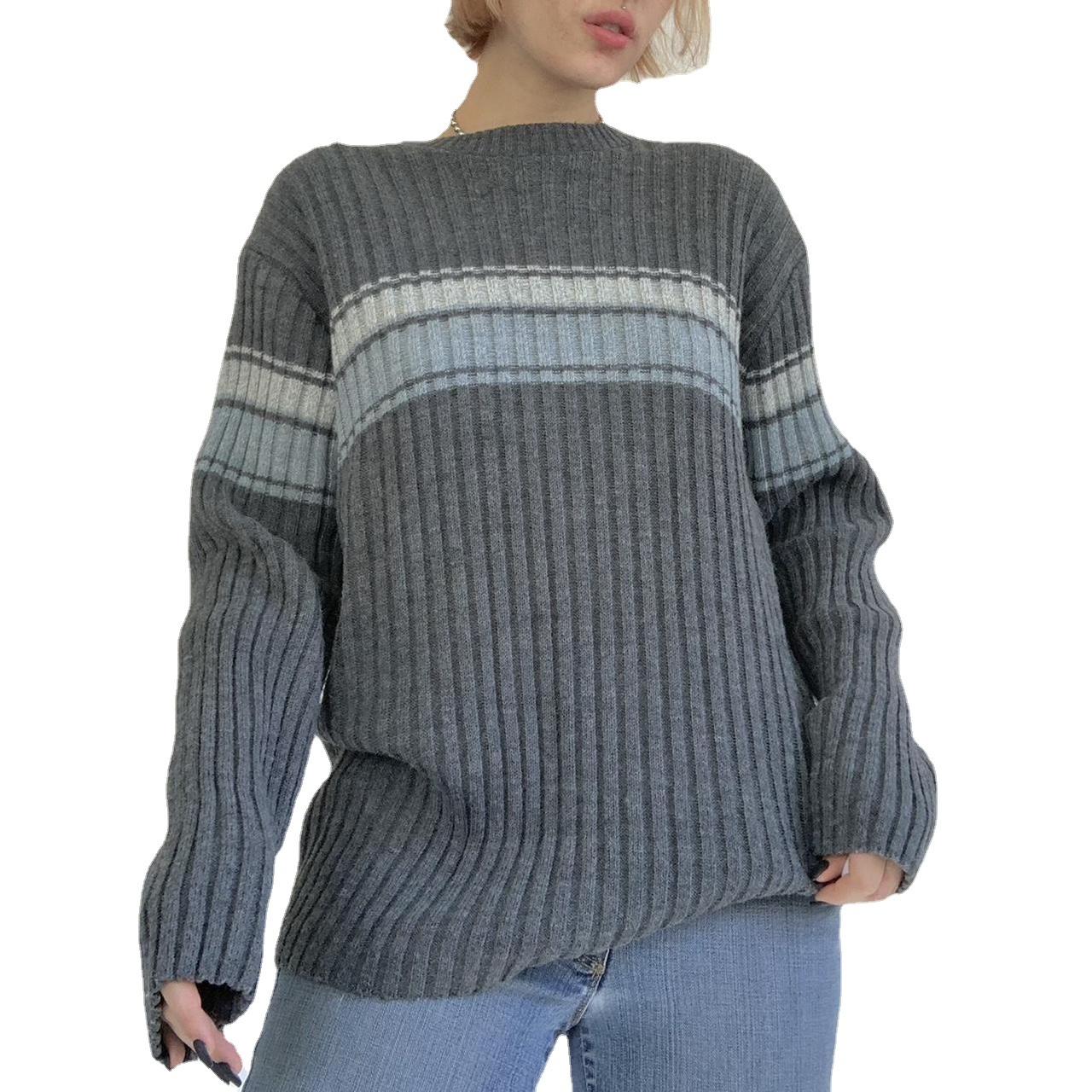 Striped Crewneck Long-Sleeve Knit Sweater