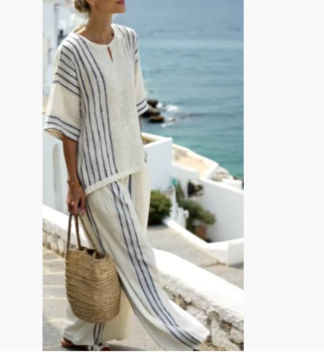 Striped Print Color-Block Mid-Sleeve Round Neck Top and Straight Pants Casual Set