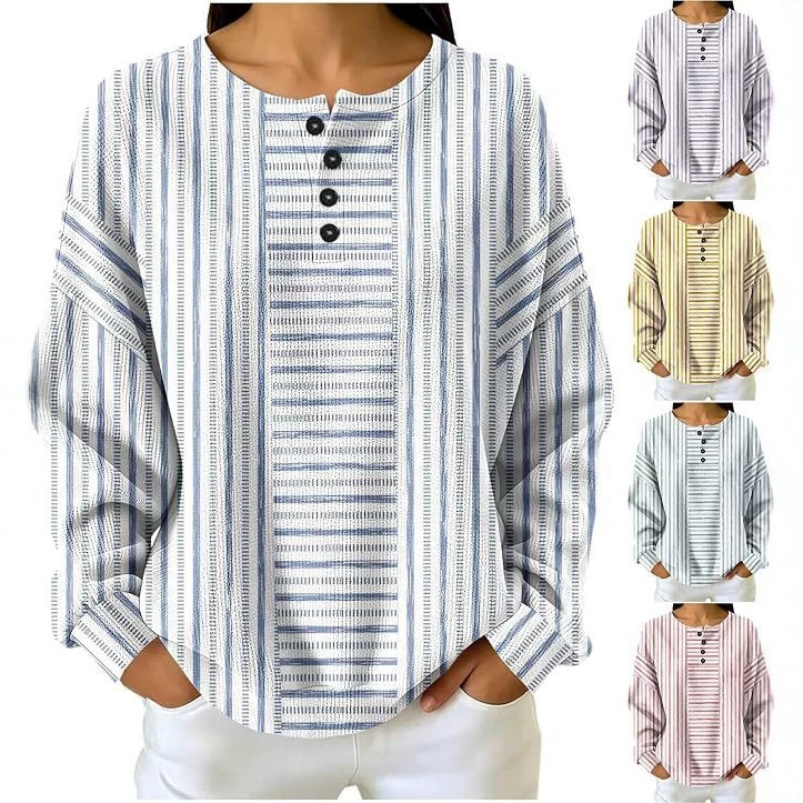 Women's Striped Print Button Casual Sweatshirt