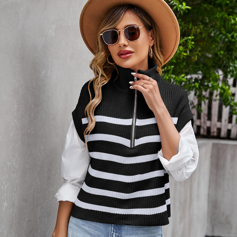 Striped Zip-Up Knit Vest Sleeveless Sweater