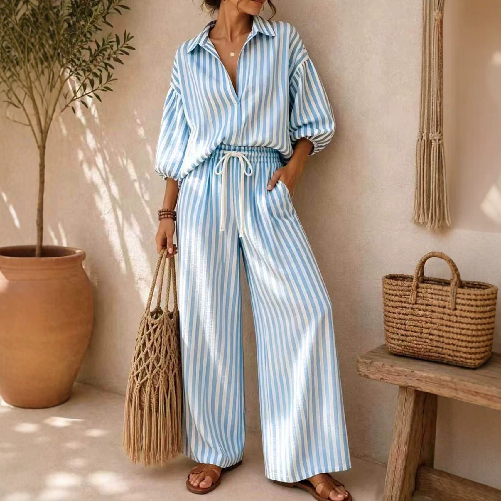 Striped Long Sleeve Shirt and Loose Pants Two-Piece Set