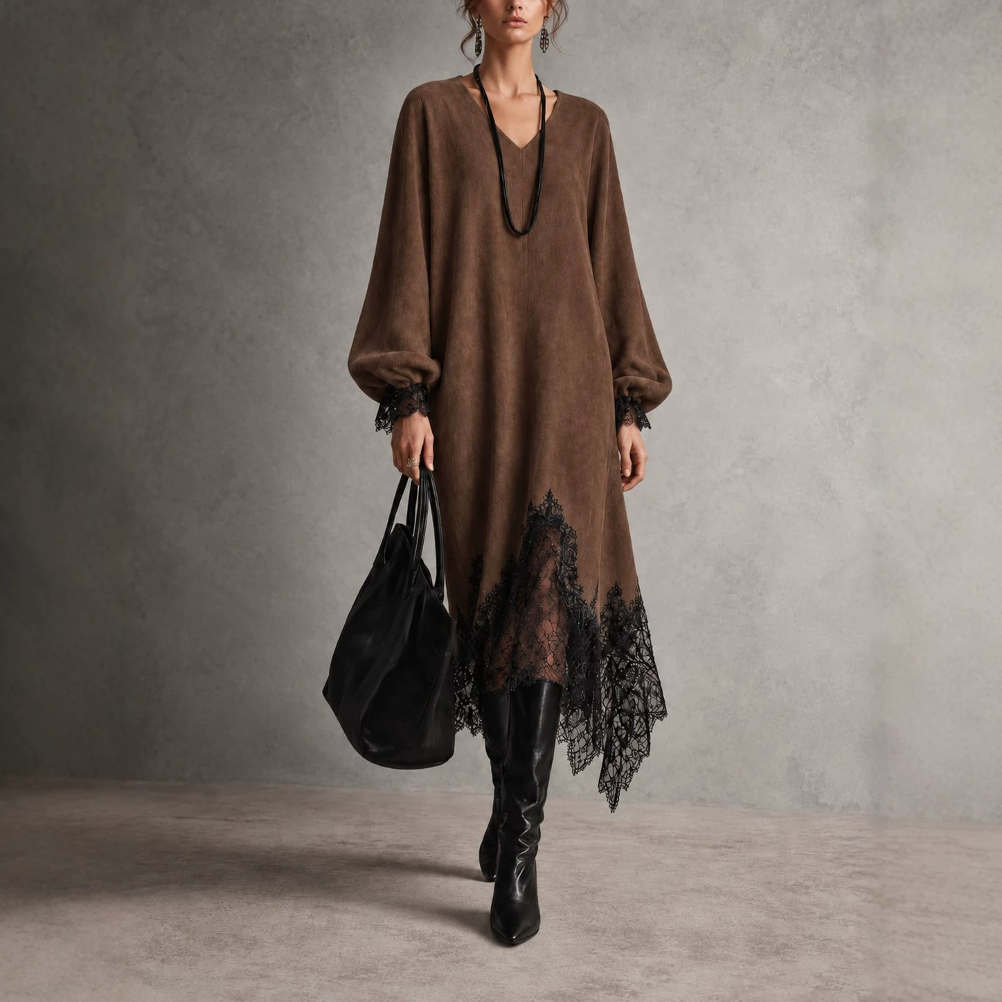 Women's Faux Suede Lace V-Neck Long Sleeve Loose Dress