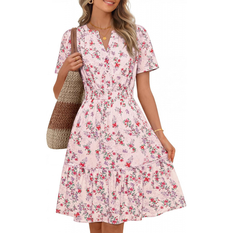 Women's Floral A-Line Short Sleeve V-Neck Midi Dress