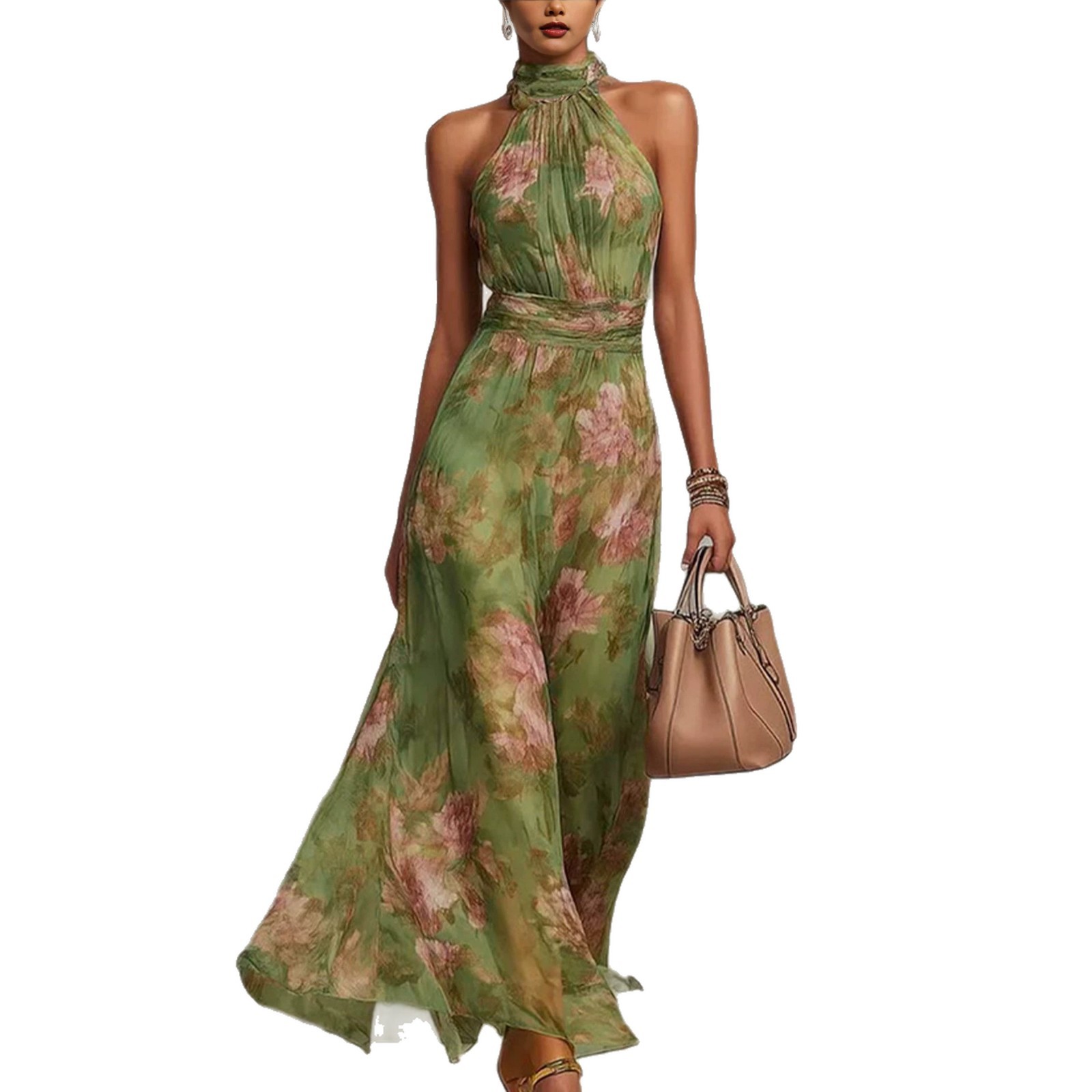 Elegant Floral Halter Midi Dress Sleeveless A-Line