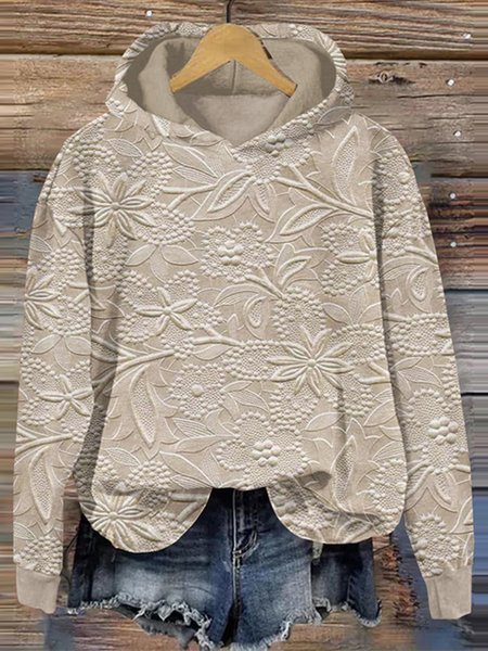 Women's Floral Print Hooded Sweatshirt Solid Color Pullover
