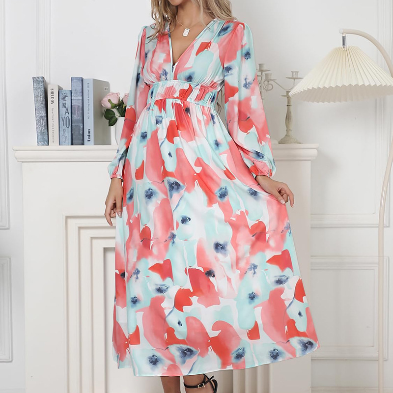 Bohemian Deep V-Neck Floral High-Waist Long-Sleeve Midi Dress