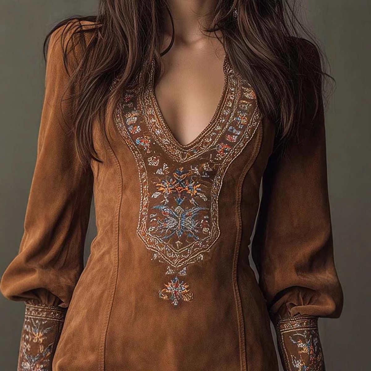 Women's Long Sleeve V-Neck Embroidered Bodycon Mini Dress