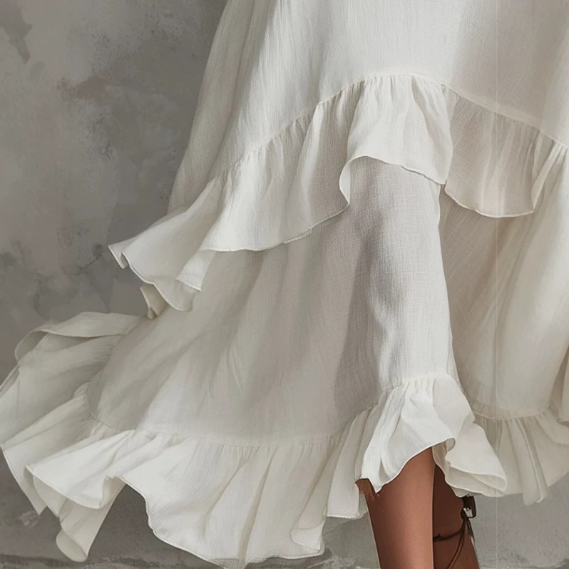 Vintage White Sleeveless Ruffle Midi Dress