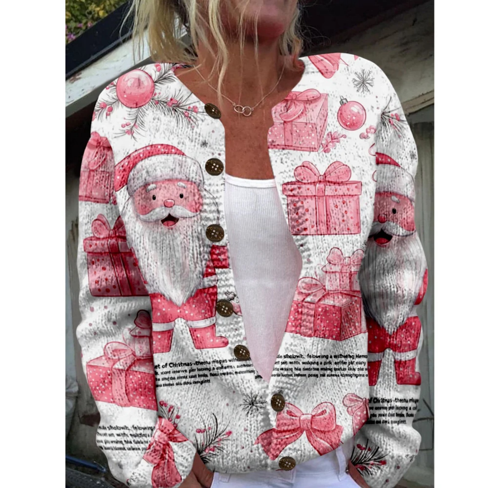 Women's Christmas Santa Print Button Cardigan Sweater
