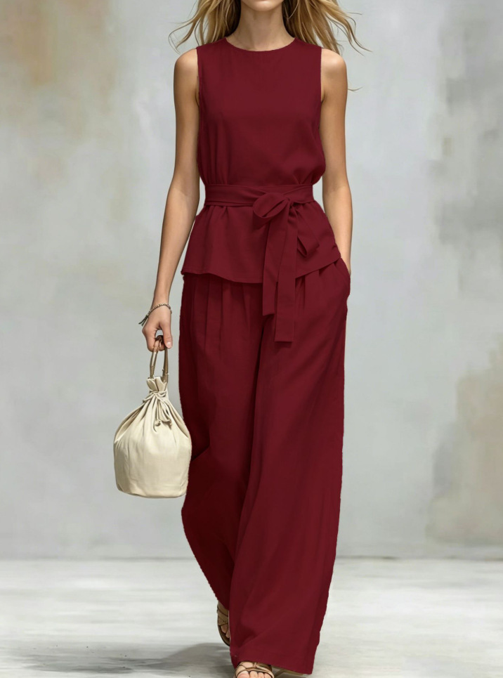 Women's Sleeveless Cotton-Linen Two-Piece Set with Belt