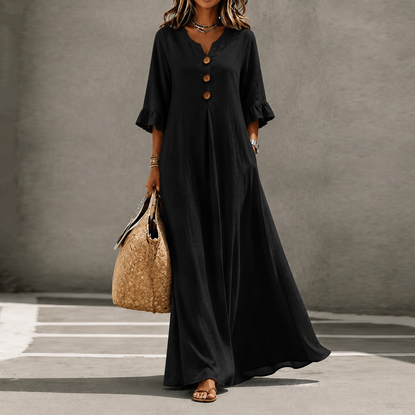 V-Neck Button Bubble Sleeve Loose Long Dress