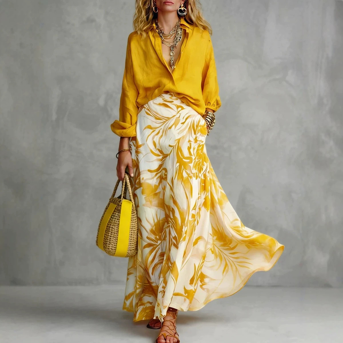 Women's Casual Two-Piece Skirt and Shirt Set with Digital Print