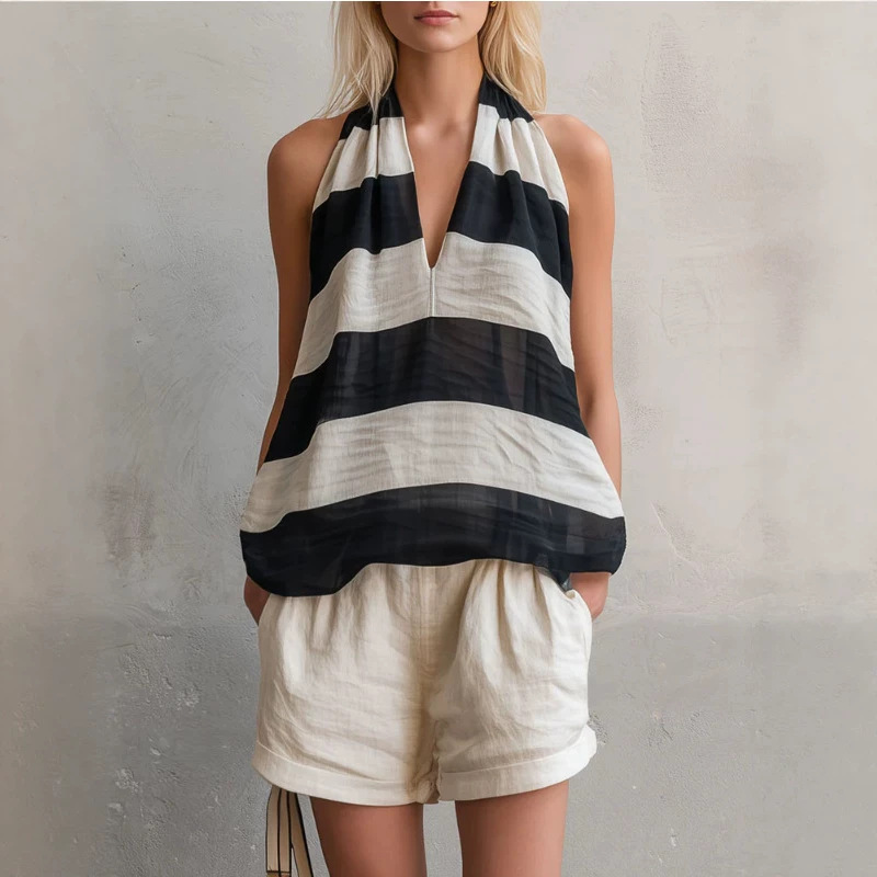 Striped Sleeveless Chiffon Shirt and White Cotton Linen Shorts Set