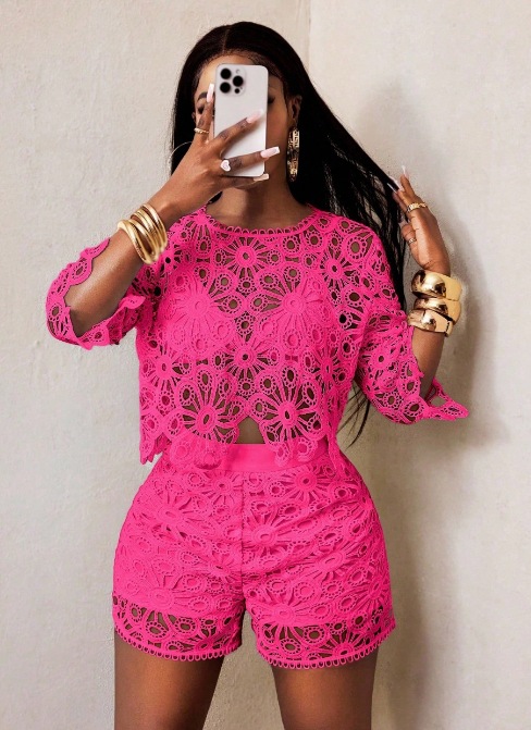 Women's Solid Color Hollow Lace Slim Fit Two-Piece Set