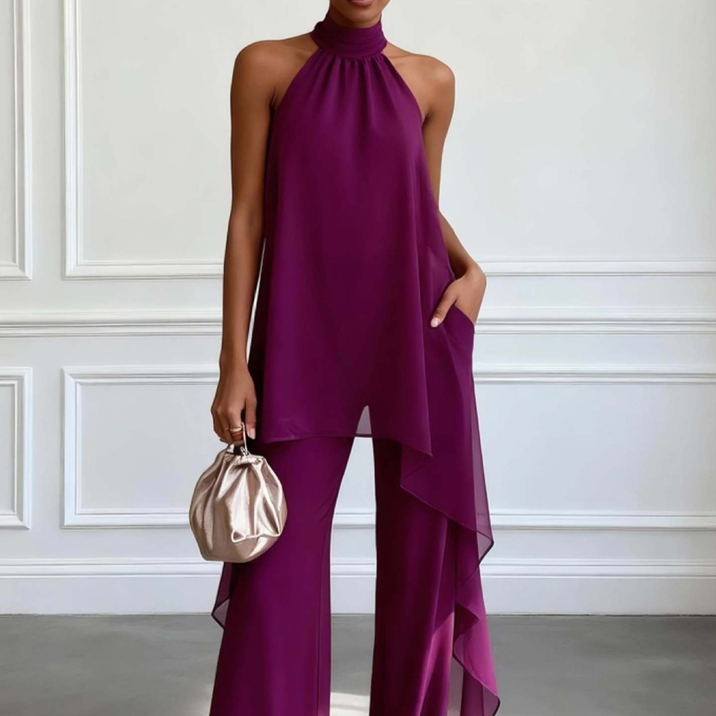 Chiffon Two-Piece Set with Halter Sleeves