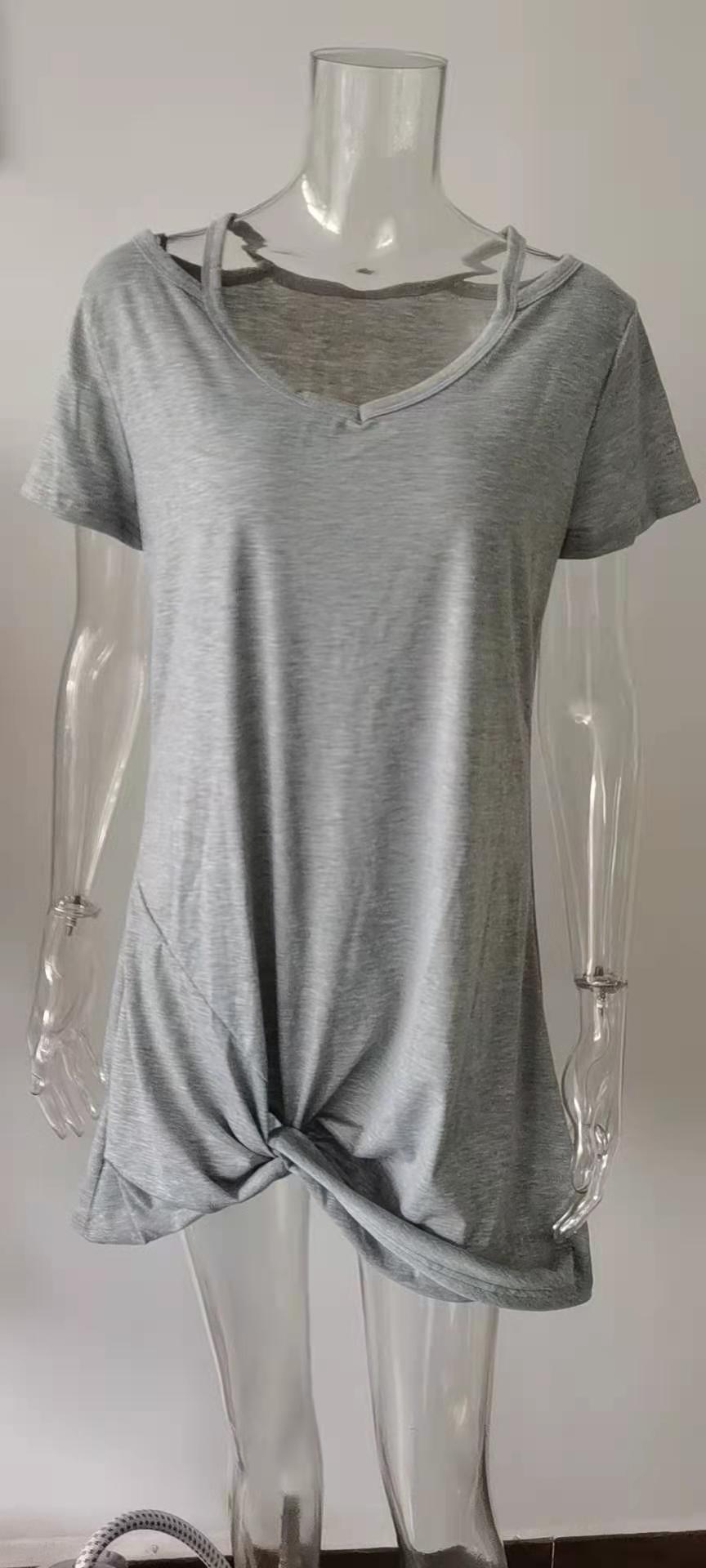 Women's V-Neck Short Sleeve Knotted T-Shirt Dress Solid Color Asymmetrical Hem