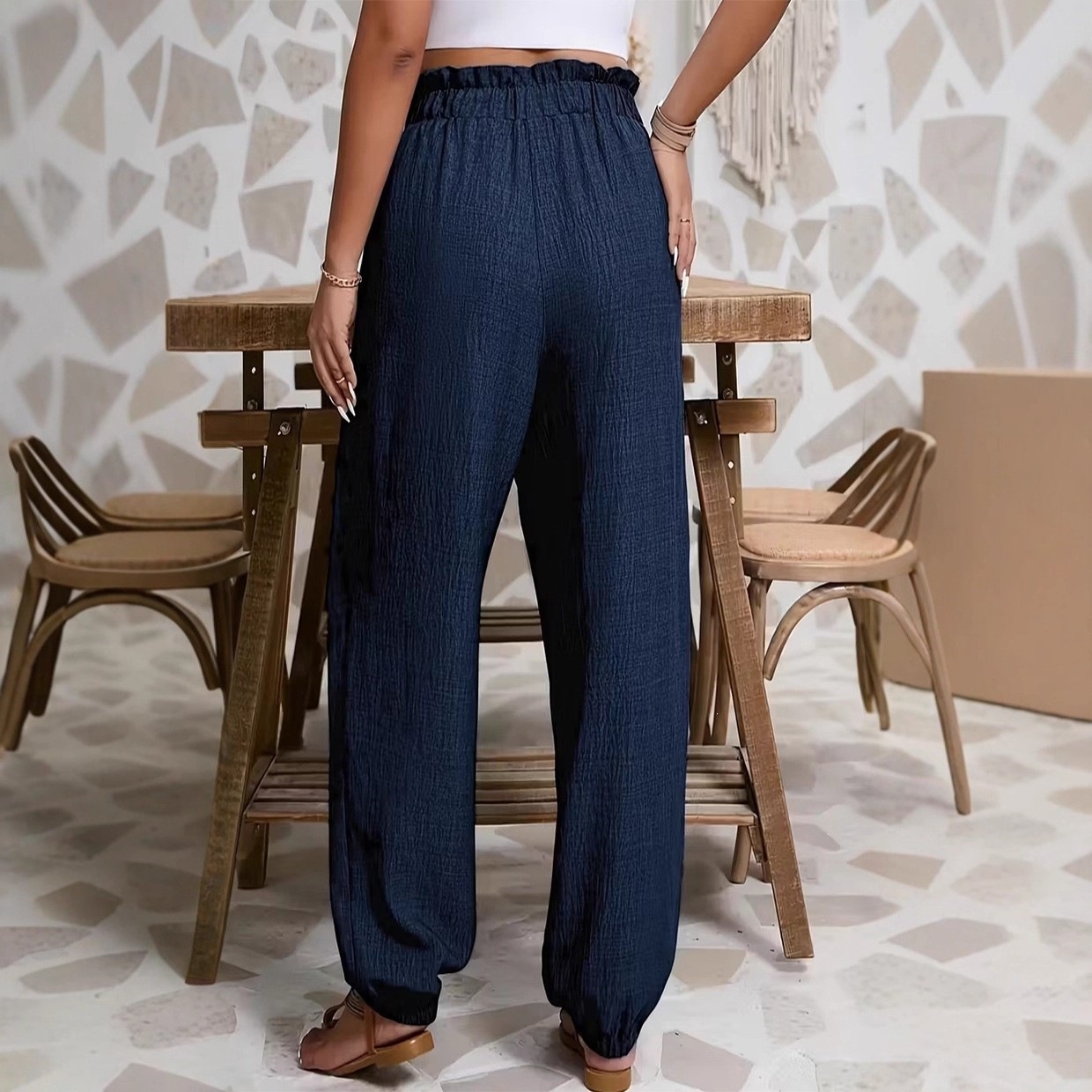 Solid Textured Lantern Pants with Ruffle Elastic Drawstring Waist and Dual Pockets